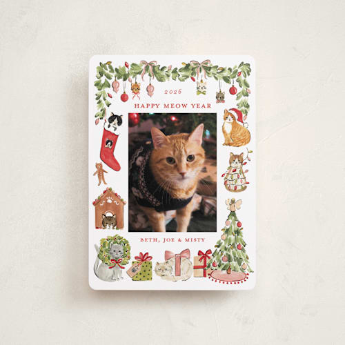 This is a pine petite holiday cards with standard by Sarah Knight called meowy christmas printing on recycled smooth signature in petite