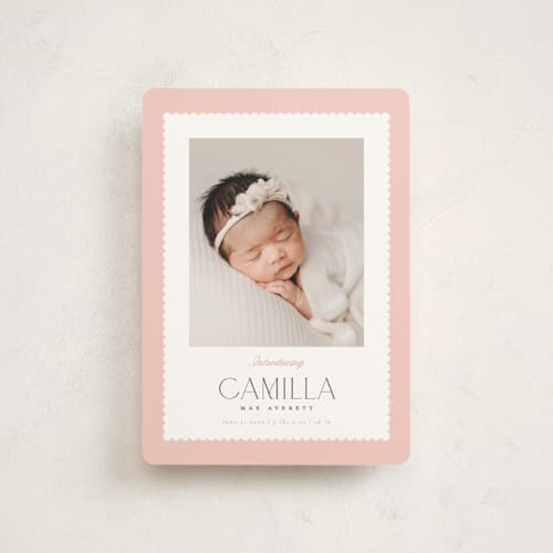 This is a rose petite birth announcements with standard by Robert and Stella called sweet scallop printing on signature in petite
