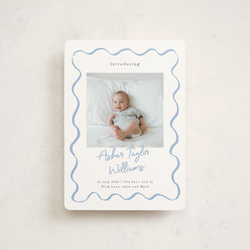 This is a dusty blue petite birth announcements with standard by Cass Loh called handdrawn wavy frame printing on signature in petite