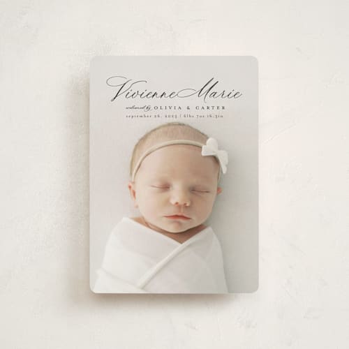 This is a noir petite birth announcements with standard by Ashlee Townsend called enchanted love printing on signature in petite