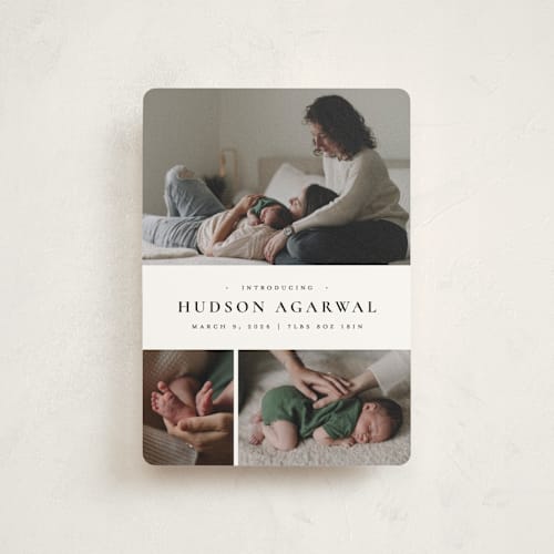 This is a noir petite birth announcements with standard by Wildfield Paper Co called quartzite printing on signature in petite