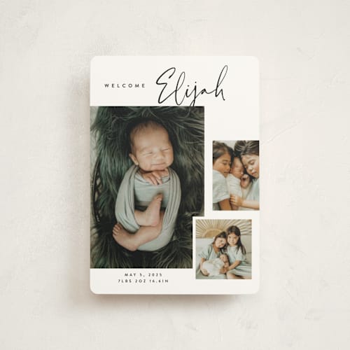 This is a coal petite birth announcements with standard by Carolyn Nicks called written out printing on signature in petite