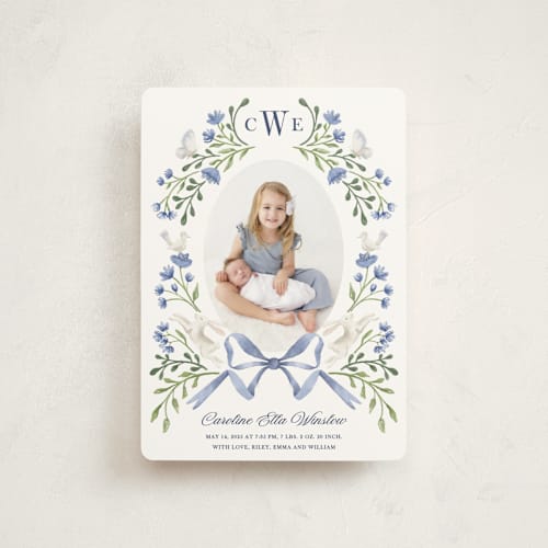 This is a bluebell petite birth announcements with standard by Alice Nelen called floral forest friends printing on signature in petite