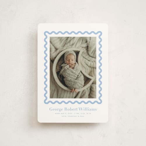 This is a bluebell petite birth announcements with standard by Megan Davis called ric rac printing on signature in petite
