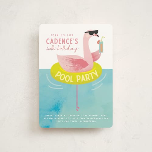 This is a lime petite kids birthday invitations with standard by Lori Wemple called flamingo printing on signature in petite