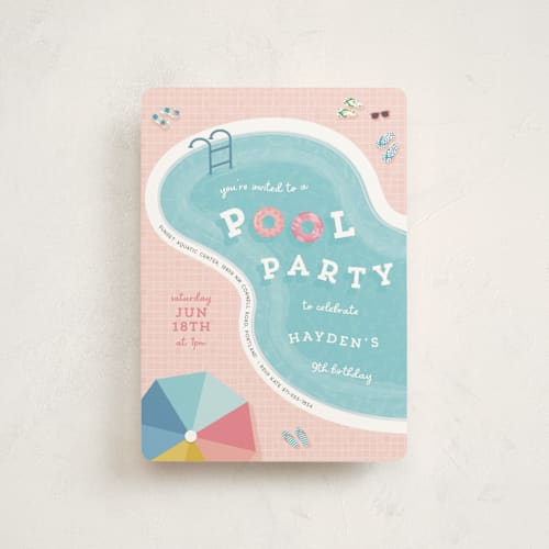 This is a coral petite kids birthday invitations with standard by Lisa McLean called cool pool party printing on signature in petite