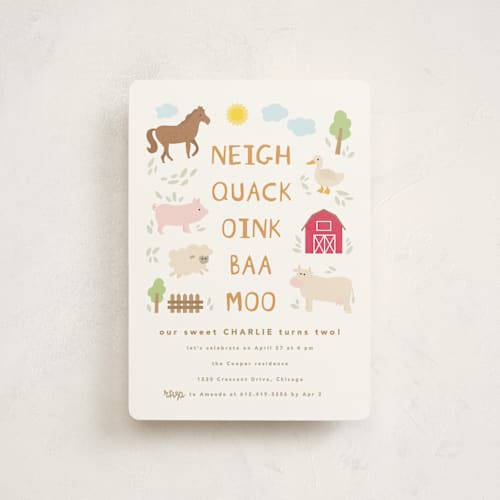 This is a cotton petite kids birthday invitations with standard by Creo Study called barnyard noises printing on signature in petite