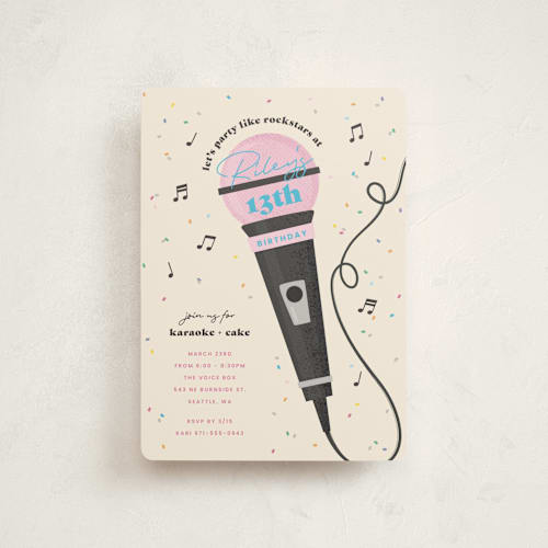 This is a electric blue petite kids birthday invitations with standard by Lisa McLean called karaoke time printing on signature in petite