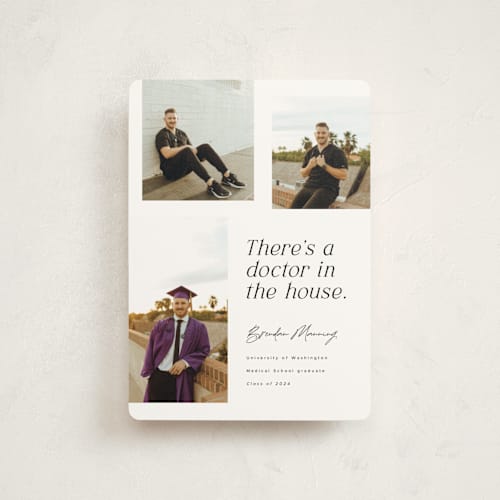 This is a domino graduation announcements with standard by Corinne Malesic called doctor in the house printing on signature in petite