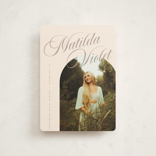 This is a almond graduation announcements with standard by Morgan Kendall called modern curves printing on signature in petite