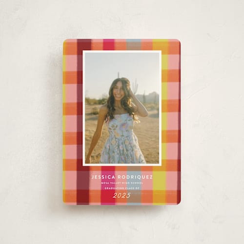 This is a ruby graduation announcements with standard by Kat Roberts called rainbow plaid printing on signature in petite