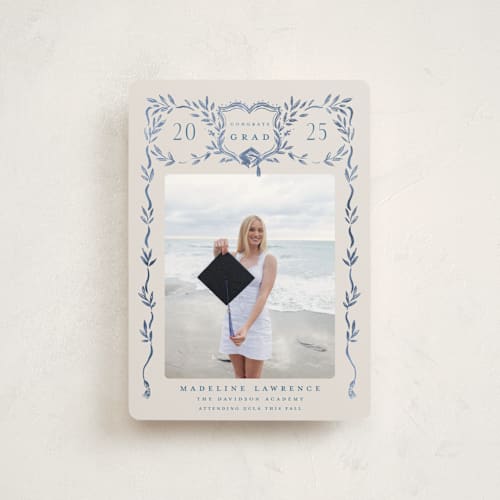 This is a indigo graduation announcements with standard by Petra Kern called grad crest printing on signature in petite
