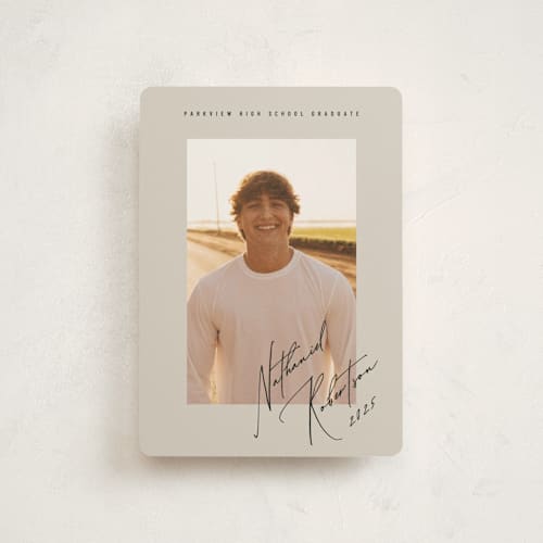 This is a sandstone graduation announcements with standard by Stacy Maalouf called grad signature printing on signature in petite