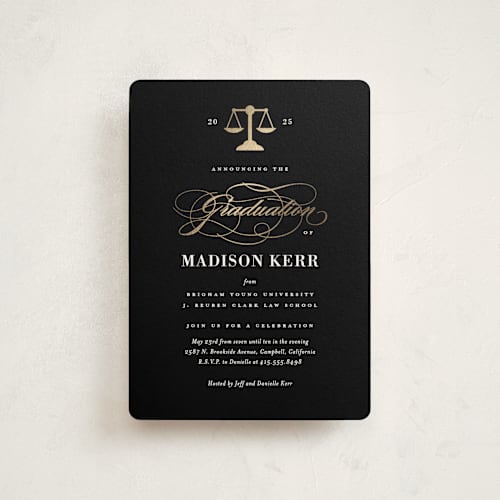 This is a ink graduation invitations with foil pressed by Jill Means called law degree printing on signature in petite