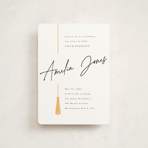 This is a sunshine graduation invitations with standard by Owl and Toad called written out printing on signature in petite