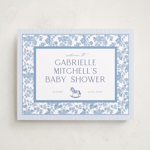 This is a powder baby shower decorations with standard by Jenna Holcomb called rocking horse baby printing on premium sign board in 11x14