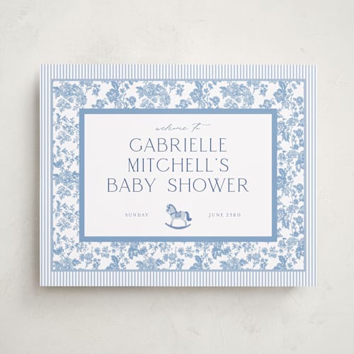 This is a powder baby shower decorations with standard by Jenna Holcomb called rocking horse baby printing on premium sign board in 16x20