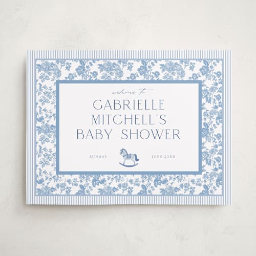 This is a powder baby shower decorations with standard by Jenna Holcomb called rocking horse baby printing on premium sign board in 18x24