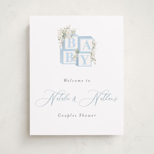 This is a baby blue baby shower decorations with standard by Itsy Belle Studio called botanical blocks printing on premium sign board in 11x14