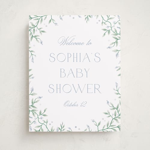 This is a periwinkle baby shower decorations with standard by Kristen Smith called wisteria printing on premium sign board in 11x14