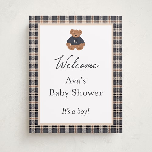 This is a navy baby shower decorations with standard by Erin German called teddy bear monogram printing on premium sign board in 11x14