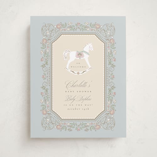 This is a pastel toile baby shower decorations with standard by Ana de Sousa called le cheval d’enfance printing on premium sign board in 11x14