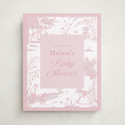 This is a blush baby shower decorations with standard by Teju Reval called baby toile printing on doublethick in 16x20