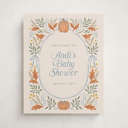 This is a cornflower baby shower decorations with standard by Laura Hankins called pumpkins + bows printing on doublethick in 16x20