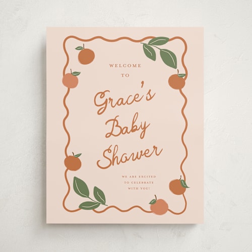 This is a peach baby shower decorations with standard by Kelly Watkins called a little cutie printing on premium sign board in 16x20