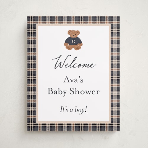 This is a navy baby shower decorations with standard by Erin German called teddy bear monogram printing on premium sign board in 16x20