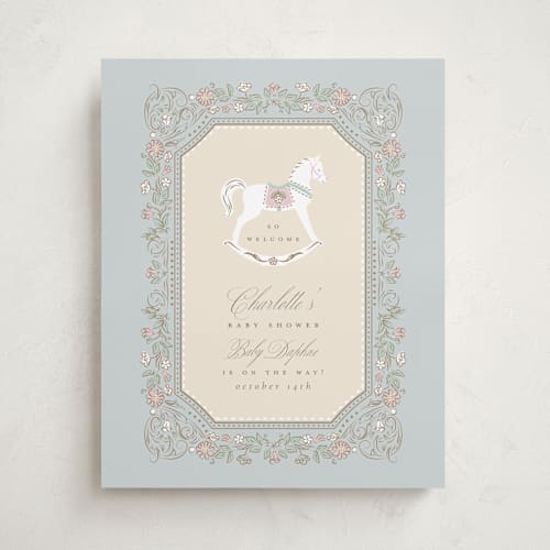 This is a pastel toile baby shower decorations with standard by Ana de Sousa called le cheval d’enfance printing on premium sign board in 16x20