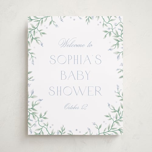 This is a periwinkle baby shower decorations with standard by Kristen Smith called wisteria printing on doublethick in 16x20