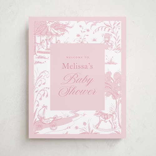 This is a blush baby shower decorations with standard by Teju Reval called baby toile printing on doublethick in 16x20
