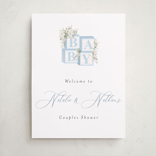 This is a baby blue baby shower decorations with standard by Itsy Belle Studio called botanical blocks printing on premium sign board in 18x24