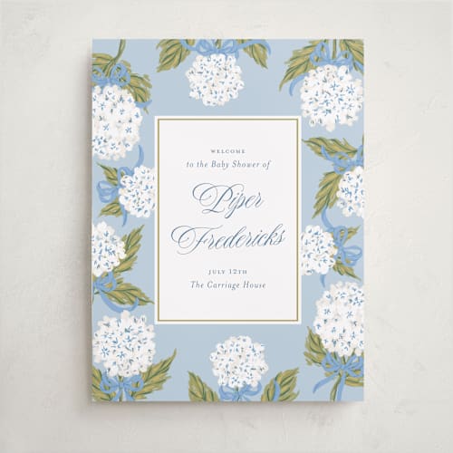 This is a bluebell baby shower decorations with standard by Jackie Crawford called hydrangea bow bouquets printing on premium sign board in 18x24