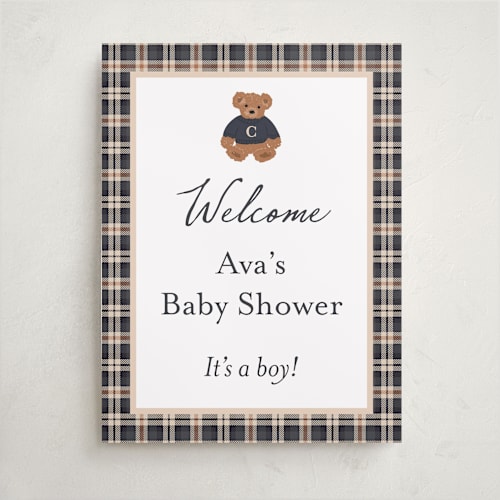 This is a navy baby shower decorations with standard by Erin German called teddy bear monogram printing on premium sign board in 18x24