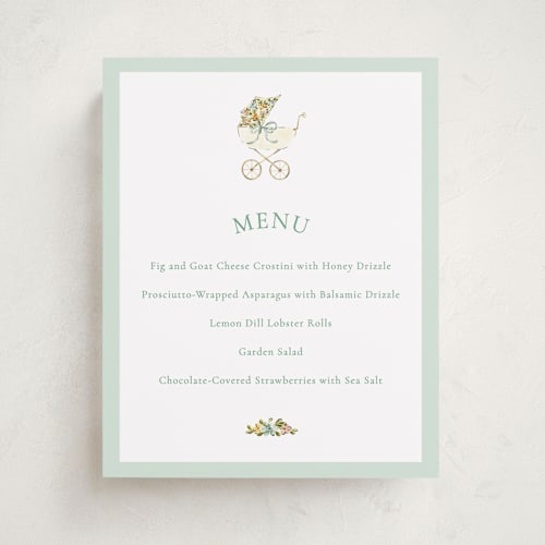 This is a sage baby shower decorations with standard by Sarah Knight called pram printing on doublethick in 8x10