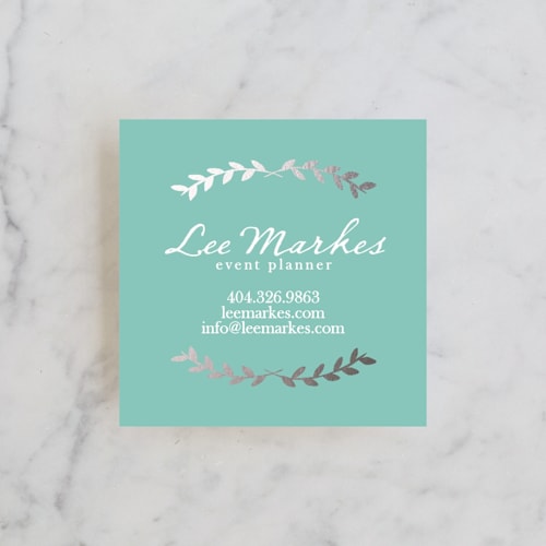 This is a mint business cards by Blustery August called pretty ink wreath printing on signature in standard