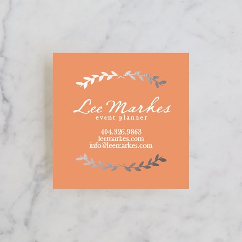 This is a peach business cards by Blustery August called pretty ink wreath printing on signature in standard