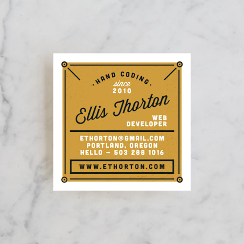 This is a dusty gold business cards by A Real Peach Studio called makermen printing on signature in standard
