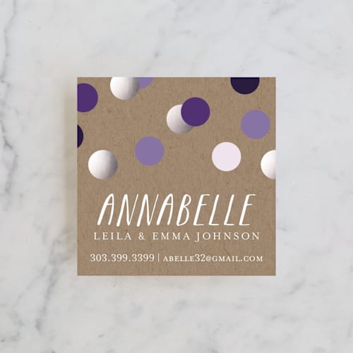 This is a lavender business cards by Abby Munn called confetti makes me smile printing on signature in standard