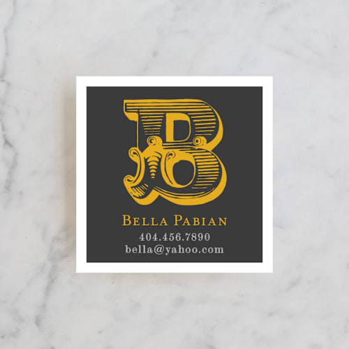 This is a curry yellow business cards by chica design called initial caps printing on signature in standard