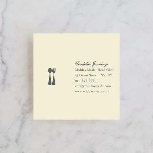 This is a charcoal business cards by Baci Designer called spoon + fork printing on signature in standard