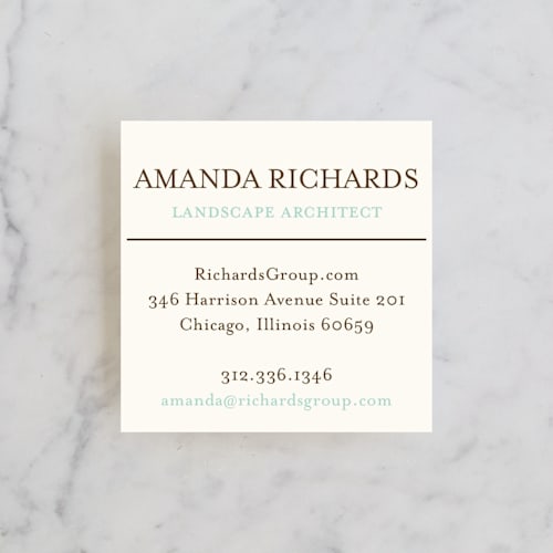 This is a seafoam business cards by leslie hamer called botanic printing on signature in standard