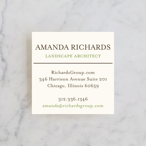 This is a mint business cards by leslie hamer called botanic printing on signature in standard