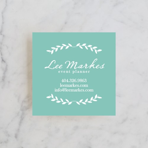 This is a mint business cards by Blustery August called pretty ink wreath printing on signature in standard
