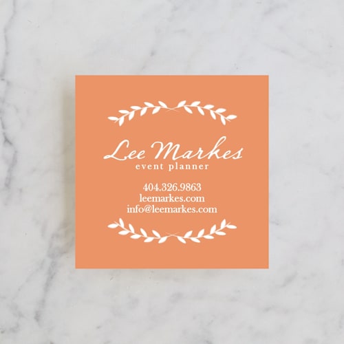 This is a peach business cards by Blustery August called pretty ink wreath printing on signature in standard