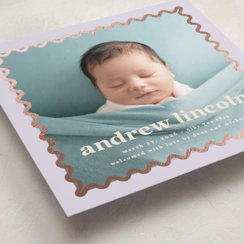 This is a lilac foil stamped birth announcements with foil pressed by Creo Study called glimmering ric-rac printing on smooth signature in standard