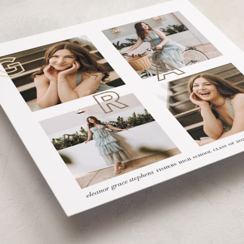 This is a powder graduation announcements with foil pressed by Samantha Wallace called joyful grad printing on recycled smooth signature in standard