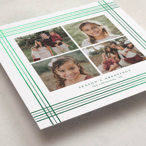 This is a elf shoes foil pressed holiday cards with foil pressed by Blustery August called plaid frame printing on recycled smooth signature in standard